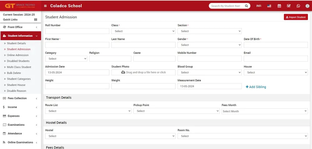 GraceTechno school ERP, student admission screen